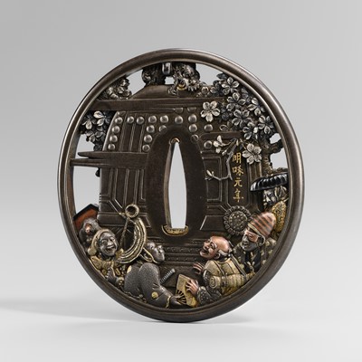 Lot 76 - ICHINOMIYA NAGAMITSU: A SUPERB SHIBUICHI TSUBA DEPICTING THE GREAT BELL OF CHIONIN