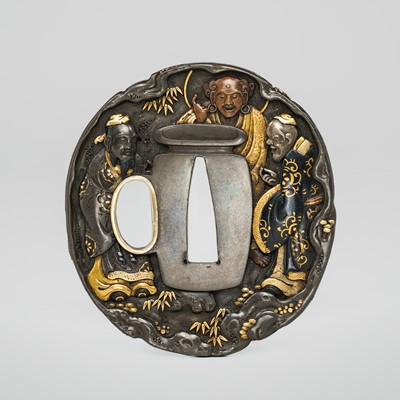 Lot 71 - A FINE HAMANO SCHOOL SHIBUICHI TSUBA WITH THE THREE SAKE TASTERS