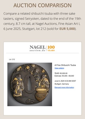 Lot 71 - A FINE HAMANO SCHOOL SHIBUICHI TSUBA WITH THE THREE SAKE TASTERS