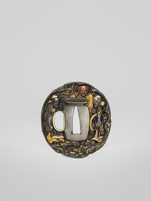 Lot 71 - A FINE HAMANO SCHOOL SHIBUICHI TSUBA WITH THE THREE SAKE TASTERS