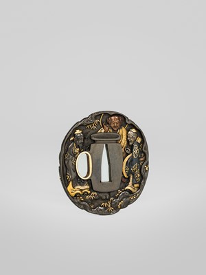 Lot 71 - A FINE HAMANO SCHOOL SHIBUICHI TSUBA WITH THE THREE SAKE TASTERS