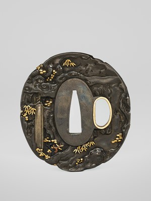 Lot 71 - A FINE HAMANO SCHOOL SHIBUICHI TSUBA WITH THE THREE SAKE TASTERS