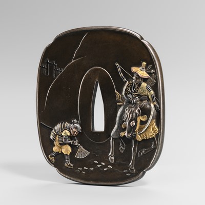 Lot 78 - HAGIYA KATSUHIRA: A SUPERB MITO SCHOOL SHIBUICHI TSUBA DEPICTING SAMURAI STOPPING TO VIEW SAKURA (CHERRY BLOSSOMS)