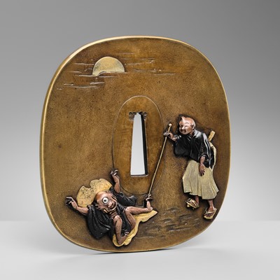 Lot 86 - MITSUAKI: A HUMOROUS AND LARGE SENTOKU TSUBA DEPICITNG BLIND MEN AND THE YOKAI HITOTSUME-KOZO