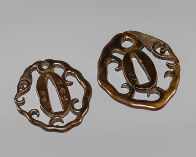 Lot 1200 - MASAHISA & MITSUYOSHI: A PAIR OF SENTOKU SUKASHI TSUBA OF RAIN DRAGONS
