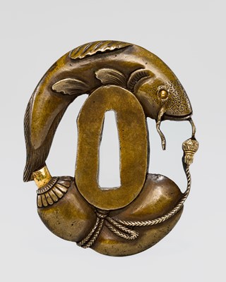 Lot 559 - A FINE SHINCHU ‘NAMAZU AND HYOTAN’ TSUBA