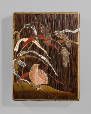 MOCHIZUKI HANZAN: A SUPERB CERAMIC-INLAID LACQUER SUZURIBAKO (WRITING BOX) DEPICTING A QUAIL WITH MILLET