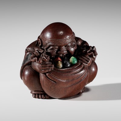 Lot 278 - SUZUKI TOKOKU: A SUPERB INLAID WOOD NETSUKE OF HOTEI