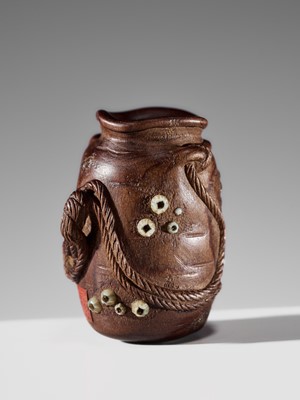 Lot 280 - YOSHIHIDE: A SUPERB AND RARE INLAID WOOD ‘TAKO-TSUBO’ NETSUKE