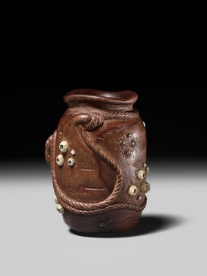 Lot 280 - YOSHIHIDE: A SUPERB AND RARE INLAID WOOD ‘TAKO-TSUBO’ NETSUKE