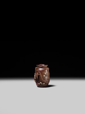 Lot 280 - YOSHIHIDE: A SUPERB AND RARE INLAID WOOD ‘TAKO-TSUBO’ NETSUKE