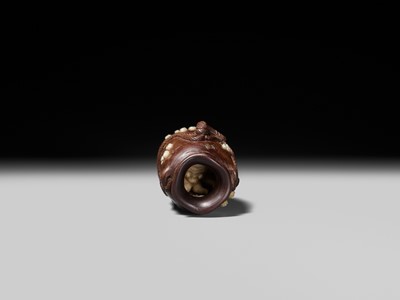 Lot 280 - YOSHIHIDE: A SUPERB AND RARE INLAID WOOD ‘TAKO-TSUBO’ NETSUKE