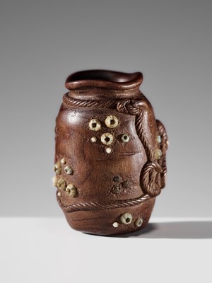 Lot 280 - YOSHIHIDE: A SUPERB AND RARE INLAID WOOD ‘TAKO-TSUBO’ NETSUKE