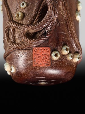 Lot 280 - YOSHIHIDE: A SUPERB AND RARE INLAID WOOD ‘TAKO-TSUBO’ NETSUKE