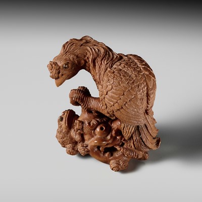 Lot 373 - SEIHO: A FINE CONTEMPORARY WOOD NETSUKE OF A ROOSTER, TOAD AND HANNYA MASK