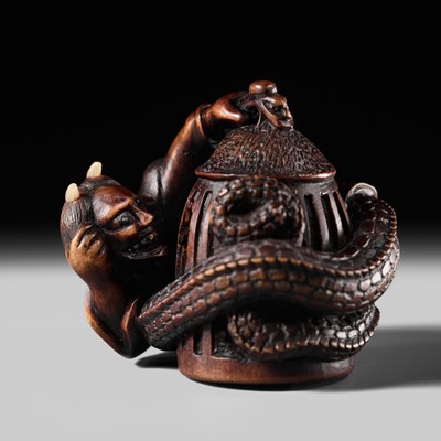 Lot 369 - MASANAO SHINZAN: A FINE CONTEMPORARY WOOD NETSUKE OF KIYOHIME