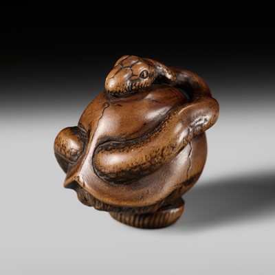 Lot 215 - MASANAO: A FINE WOOD NETSUKE OF A SNAKE AND SKULL