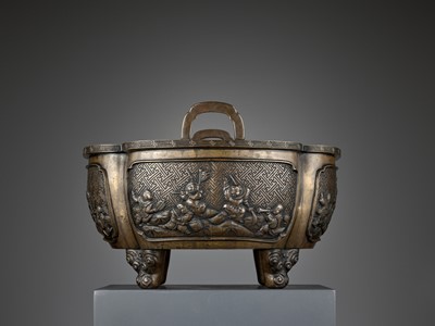 Lot 427 - A LARGE AND HEAVY BRONZE QUADRILOBED ‘BOYS’ CENSER, QING DYNASTY