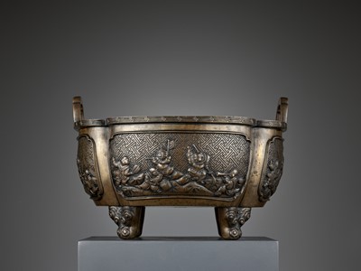 Lot 427 - A LARGE AND HEAVY BRONZE QUADRILOBED ‘BOYS’ CENSER, QING DYNASTY
