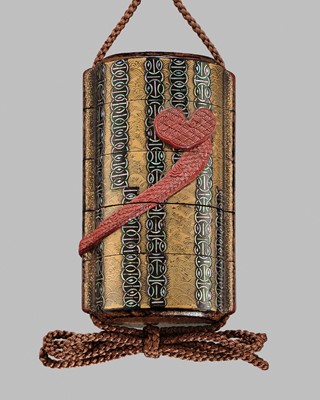 Lot 10 - KAKU: AN UNUSUAL AOGAI AND TSUISHU INLAID LACQUER FOUR-CASE INRO