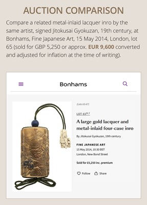 Lot 34 - GYOKUZAN: A SUPERB METAL INLAID AND LACQUERED FIVE-CASE INRO WITH A KOTO PLAYER