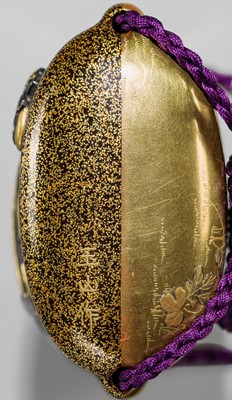 Lot 34 - GYOKUZAN: A SUPERB METAL INLAID AND LACQUERED FIVE-CASE INRO WITH A KOTO PLAYER