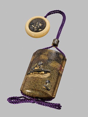 Lot 34 - GYOKUZAN: A SUPERB METAL INLAID AND LACQUERED FIVE-CASE INRO WITH A KOTO PLAYER