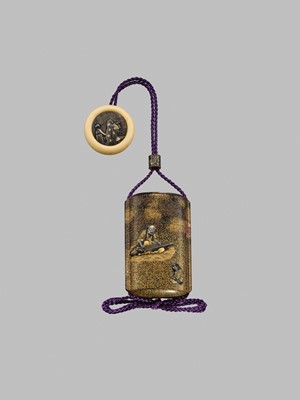 Lot 34 - GYOKUZAN: A SUPERB METAL INLAID AND LACQUERED FIVE-CASE INRO WITH A KOTO PLAYER