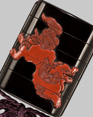 Lot 7 - YOZEI: A FOUR-CASE TSUISHU-INLAID LACQUER INRO DEPICTING SHISHI AND PEONY