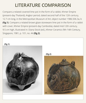 A RARE DARK BROWN GLAZED STONEWARE ‘HARE’ LIME POT, ANGKOR PERIOD
