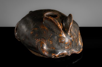A RARE DARK BROWN GLAZED STONEWARE ‘HARE’ LIME POT, ANGKOR PERIOD