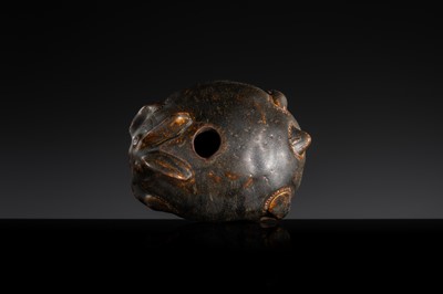 A RARE DARK BROWN GLAZED STONEWARE ‘HARE’ LIME POT, ANGKOR PERIOD