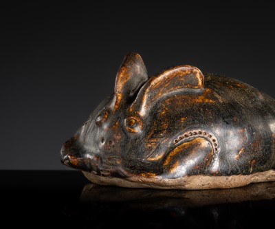 A RARE DARK BROWN GLAZED STONEWARE ‘HARE’ LIME POT, ANGKOR PERIOD