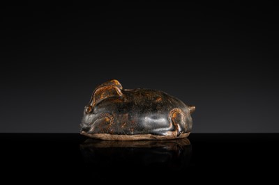 A RARE DARK BROWN GLAZED STONEWARE ‘HARE’ LIME POT, ANGKOR PERIOD