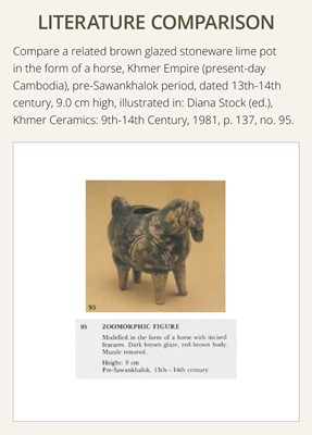 A RARE DARK-BROWN GLAZED STONEWARE ‘OX’ LIME POT, ANGKOR PERIOD