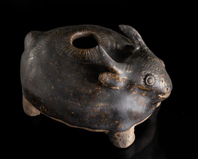 A RARE DARK-BROWN GLAZED STONEWARE ‘OX’ LIME POT, ANGKOR PERIOD