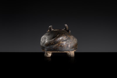 A RARE DARK-BROWN GLAZED STONEWARE ‘OX’ LIME POT, ANGKOR PERIOD
