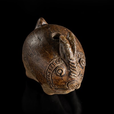 Lot 127 - A SMALL BROWN GLAZED STONEWARE ‘HARE’ LIME POT, ANGKOR PERIOD