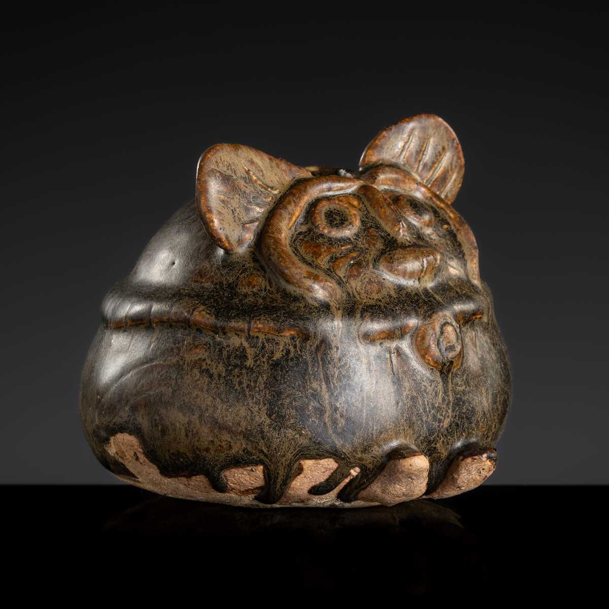 A DARK-BROWN GLAZED STONEWARE ‘RODENT’ LIME POT, ANGKOR PERIOD