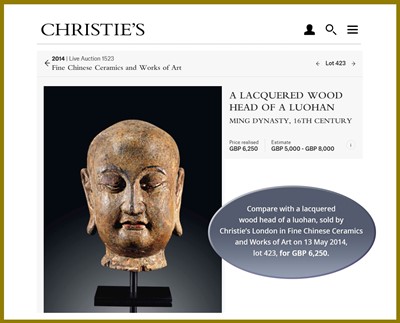 Lot 466 - A GILT-LACQUERED WOOD HEAD OF BUDAI, MING