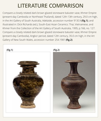 Lot 143 - A LARGE DARK BROWN GLAZED STONEWARE BALUSTER JAR, ANGKOR PERIOD