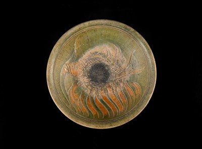 A THAI GREEN & AMBER GLAZED CERAMIC DISH WITH CARP