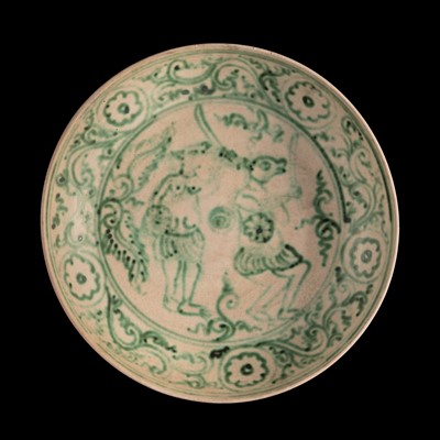 Lot 175 - A BURMESE GREEN AND WHITE-GLAZED STONEWARE BOWL WITH SOLDIERS OF THE ARMY OF MARA, MON TRIBE