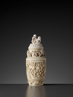 Lot 567 - AN EXCEPTIONAL OPENWORK AND RETICULATED IVORY ‘HUNDRED BOYS’ VASE AND COVER, LATE QING TO REPUBLIC