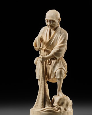 Lot 413 - KIKUCHI SHINSHO: A FINE AND LARGE TOKYO SCHOOL IVORY OKIMONO OF A FISHERMAN
