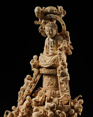 Lot 199 - A SUPERB AND LARGE CARVED IVORY OKIMONO OF A PARADE OF YOKAI DISTURBING THE CLEANING OF THE BUDDHA