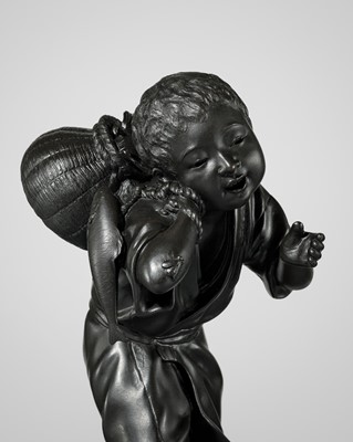 Lot 3 - MASATSUNE: A CHARMING TOKYO SCHOOL BRONZE OKIMONO OF A BOY WITH A BASKET OF FISH