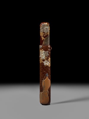 Lot 59 - IKEDA TAISHIN: A SUPERB WOVEN AND LACQUERED RATTAN KISERUZUTSU WITH A HYOTAN AND MAPLE LEAVES