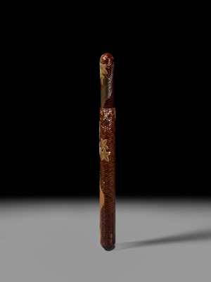 Lot 59 - IKEDA TAISHIN: A SUPERB WOVEN AND LACQUERED RATTAN KISERUZUTSU WITH A HYOTAN AND MAPLE LEAVES