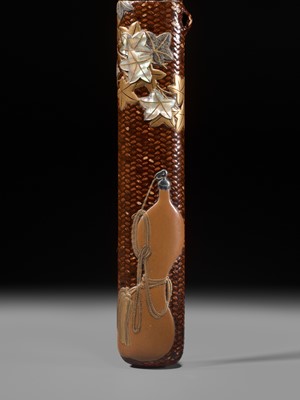 Lot 59 - IKEDA TAISHIN: A SUPERB WOVEN AND LACQUERED RATTAN KISERUZUTSU WITH A HYOTAN AND MAPLE LEAVES